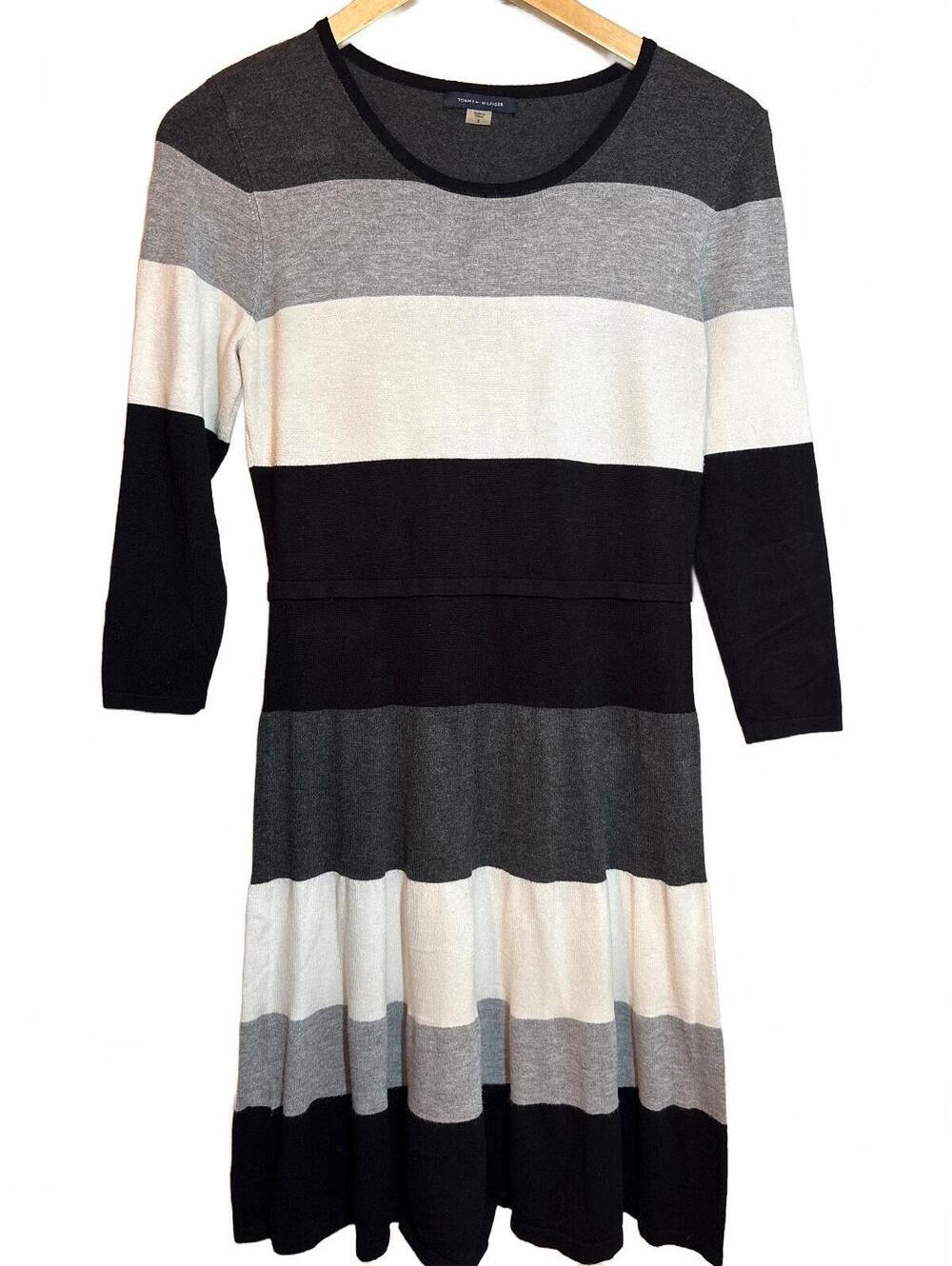Tommy Hilfiger Women's Black, Grey and White Striped Knit Dress 3/4 Sleeve S